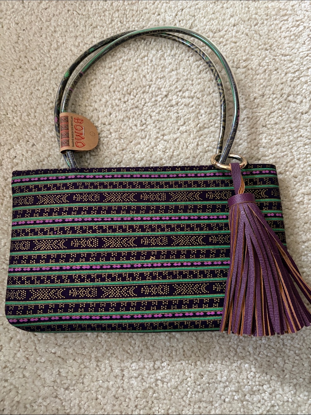 Women’s Purple, Gold & Green Striped Design Bomo Handbag with Tassel - NWT